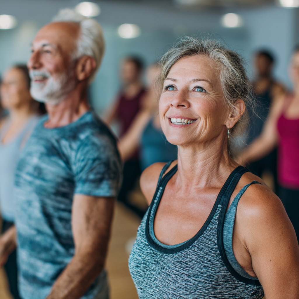 50 years adults participating in group fitness session with professional instructor
