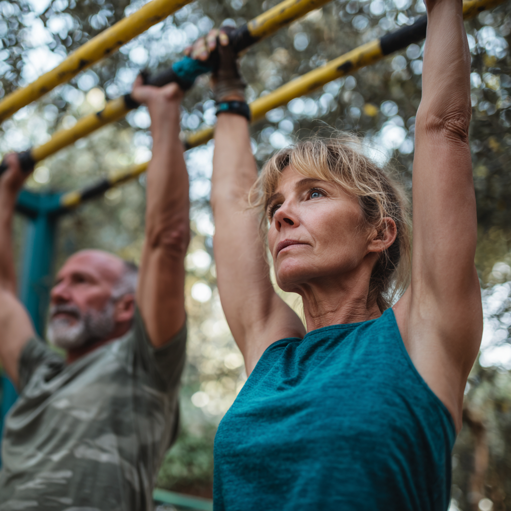 51 years adults engaged in functional training exercises outdoors